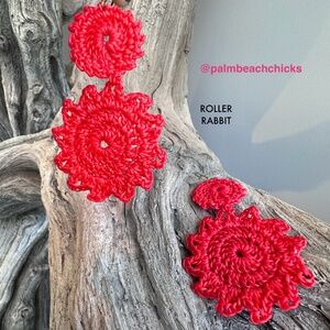 ROLLER RABBIT jewelry handcrafted macrame wax protecting earrings shown in RED